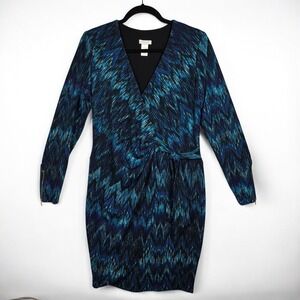Cache Midi Dress Faux Wrap Woman Large Long Sleeve Blue Black Print Gold Sparkle